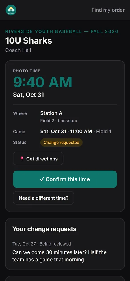 Coach link on a phone (dark mode)