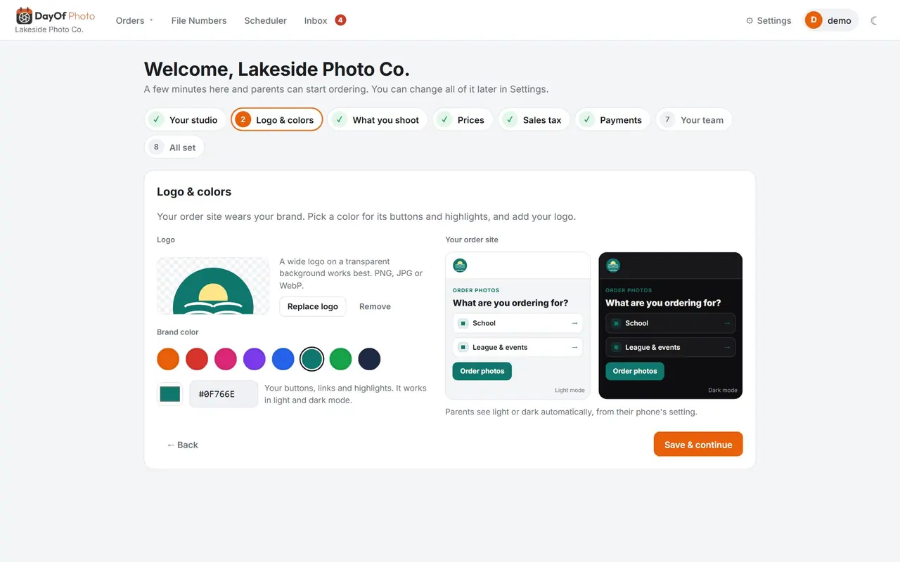 Setup: logo, brand color and a light and dark preview of the order site