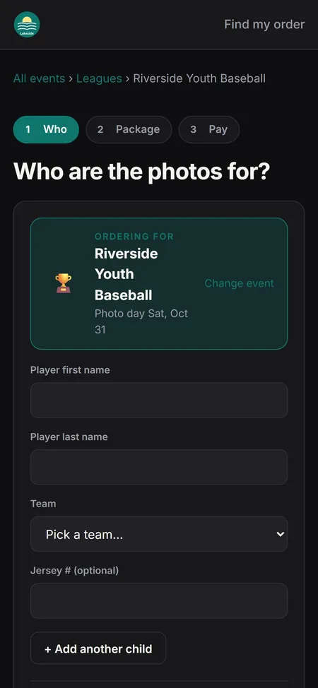Order form on a phone, dark mode