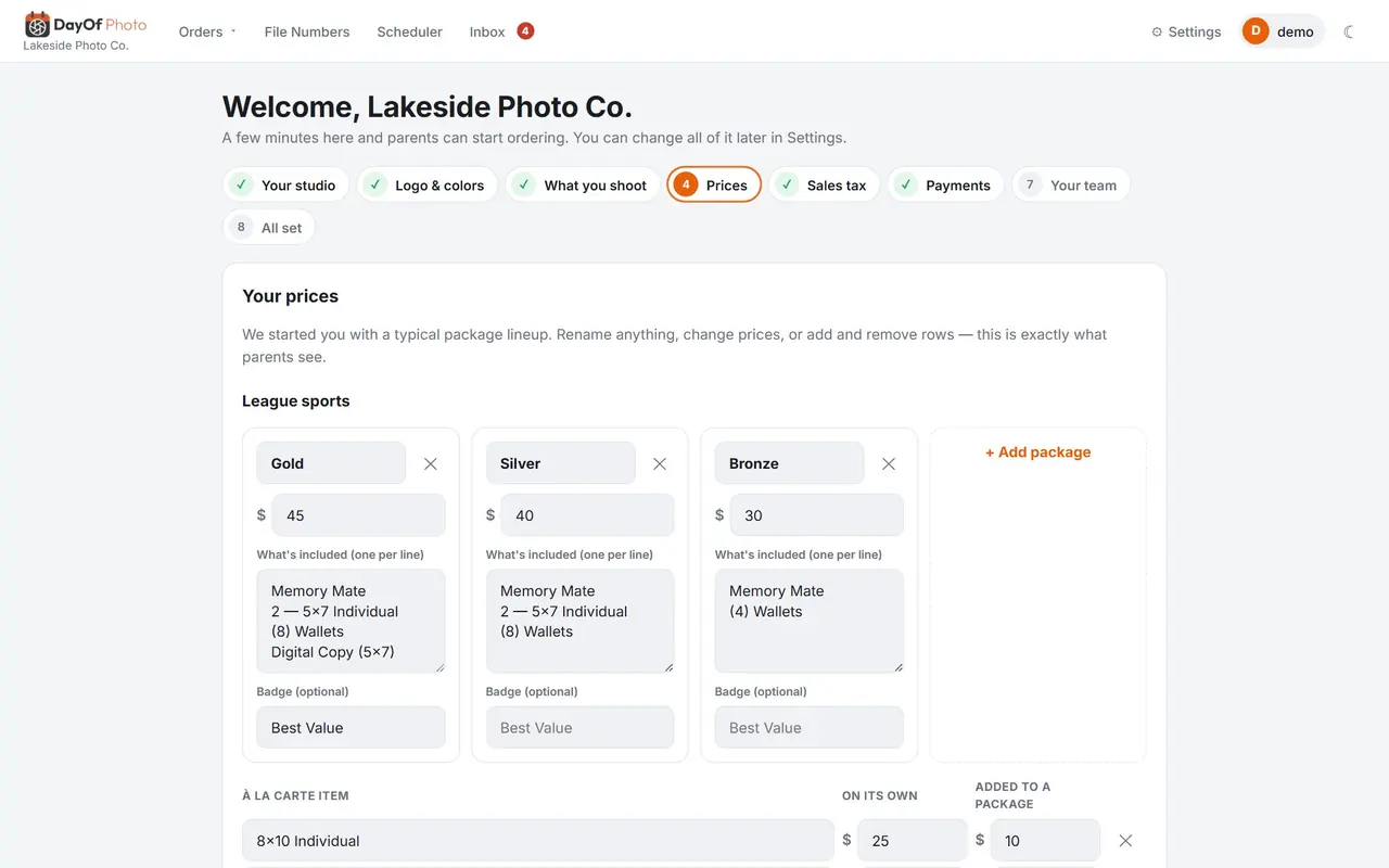 Setup: starting packages and prices
