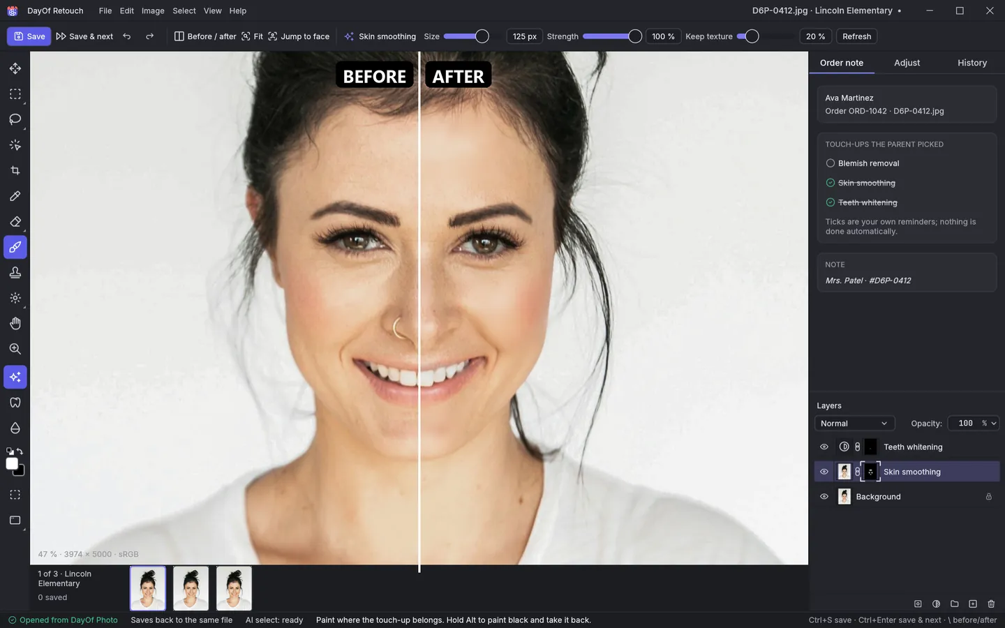 The same portrait before and after retouching