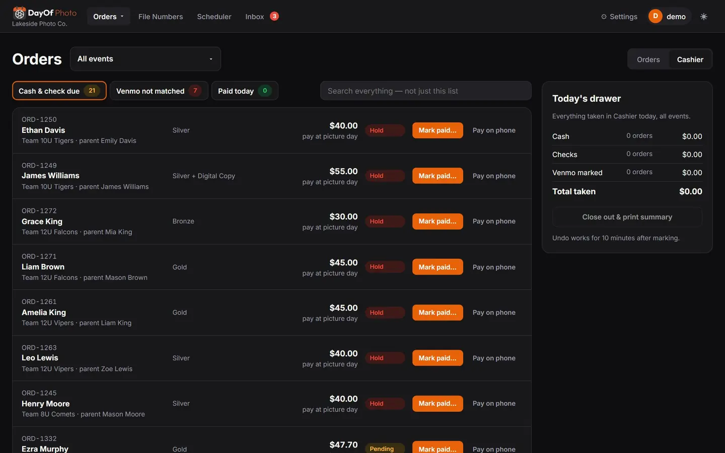 Cash, checks and stray Venmos, cleared at the table (dark mode)