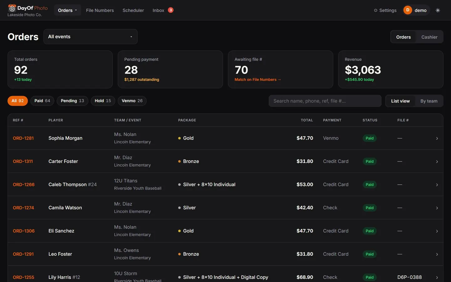 Every order, every payment, one list (dark mode)