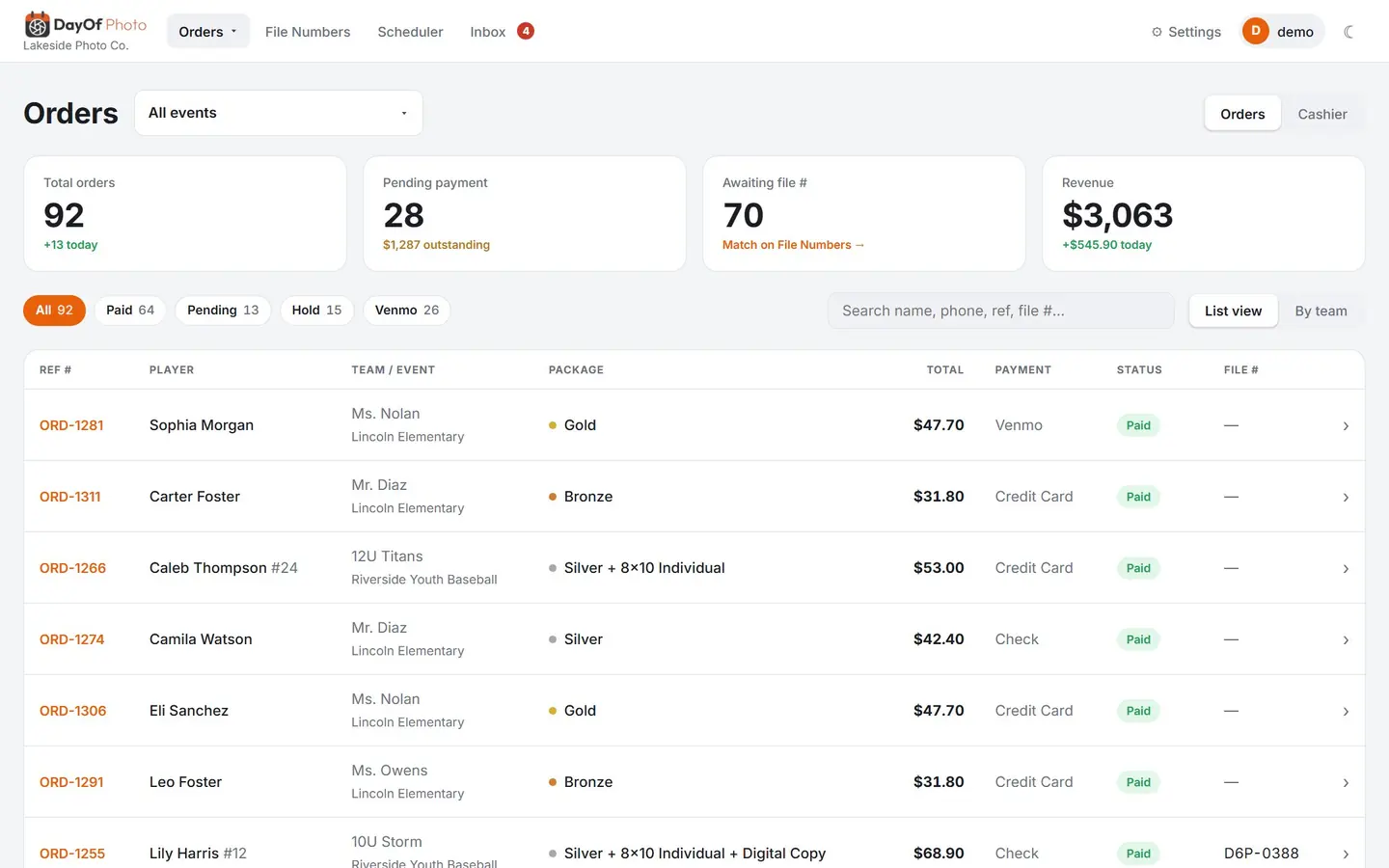 Every order, every payment, one list (light mode)